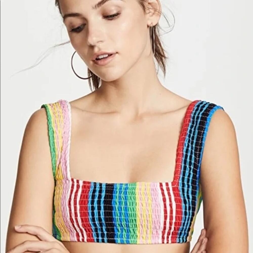 Diane von Furstenberg Rainbow Striped Smocked Square Bikini Top Medium DVF